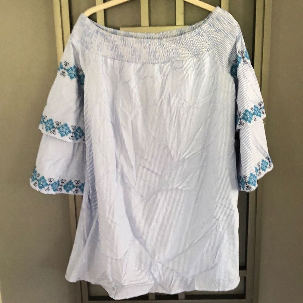 NWT Very J Blue and white pinstripe cotton dress off the shoulder s